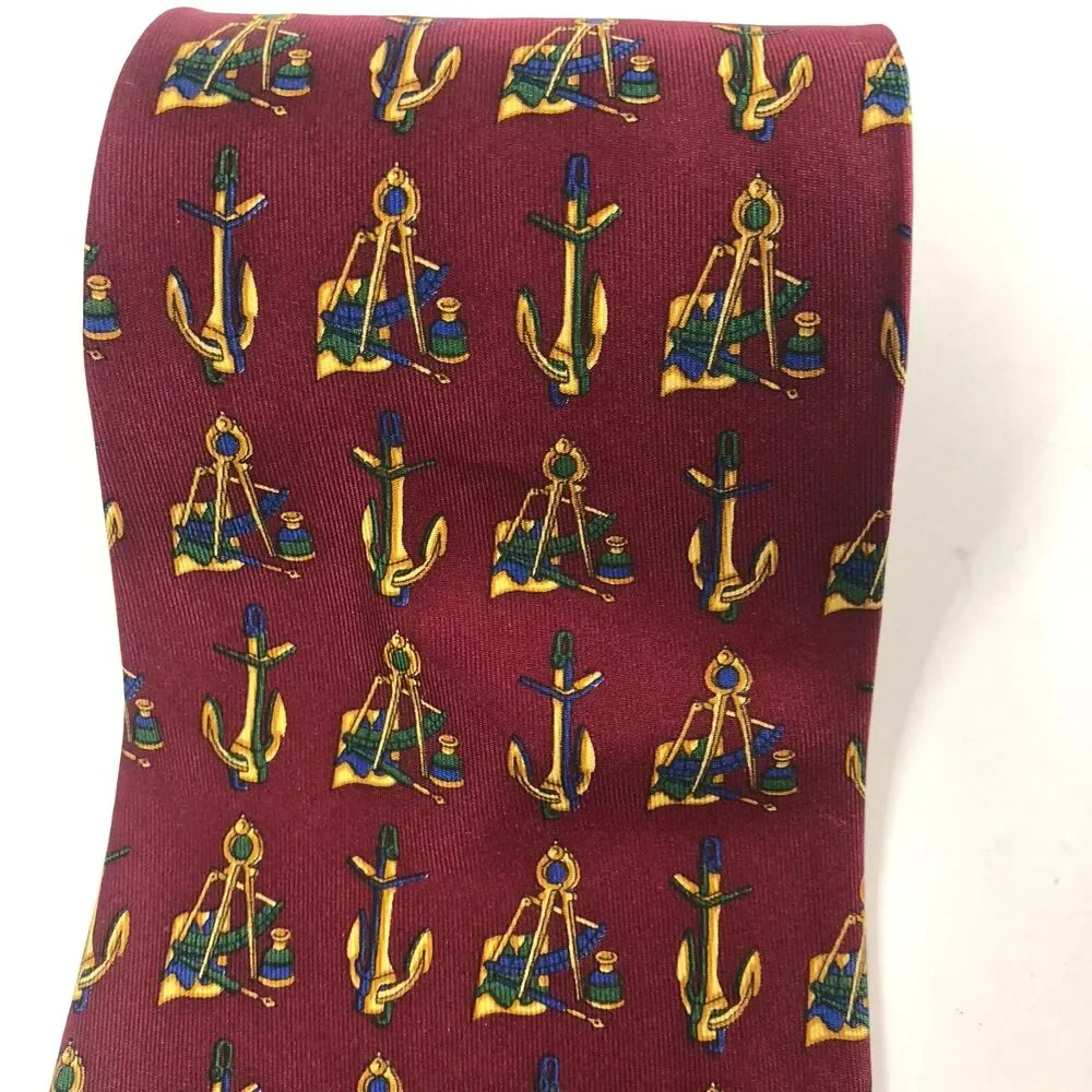 Tommy Hilfiger Silk Tie Maroon Nautical Crest Anchor Compass Print Made in USA